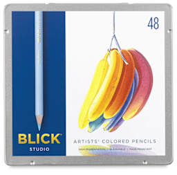Blick Studio Artists' Colored Pencils - Assorted Colors, Set of 48. Front of closed tin box.