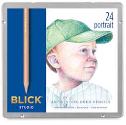 Blick Studio Artists' Colored Pencils - Portrait Colors, Set of 24. Front of closed tin box.