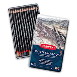 Derwent Tinted Charcoal Pencil Set - 12 pc Assorted Colors Set, Tin Box open showing pencils