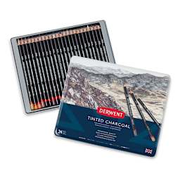 Derwent Tinted Charcoal Pencil Set - 24 pc Assorted Colors Set, Tin Box open slightly showing pencils