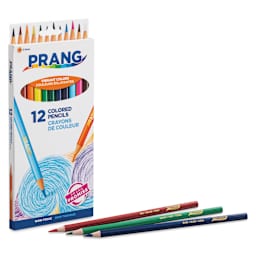 Prang Colored Pencils - Assorted Colors, Set of 12, three pencils in front of packaging