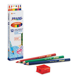Prang Large Triangular Colored Pencils - Set of 12, three pencils and sharpener laid out