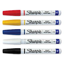 Sharpie Oil-Based Paint Marker Set - Assorted, Fine Point, Set of 5, laid out with caps on