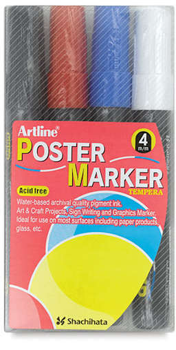 Artline Poster Markers - Front view of package of 4 Primary 4.0 mm tip Markers