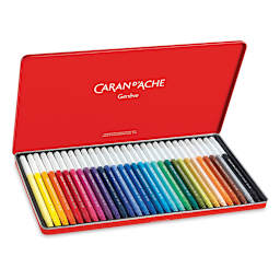 Caran d'Ache Fibralo Marker Sets - Components of package of 30 shown in open storage tin