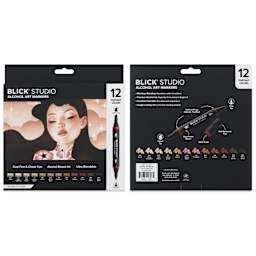 Blick Studio Double-Ended Alcohol Art Markers - Portrait Colors, Set of 12, front and back of packaging