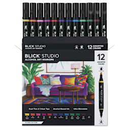 Blick Studio Double-Ended Alcohol Art Markers - Assorted Colors, Set of 12, front of packaging