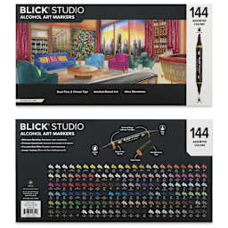 Blick Studio Double-Ended Alcohol Art Markers - Assorted Colors, Set of 144, front and back of packaging