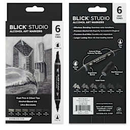 Blick Studio Double-Ended Alcohol Art Markers - Gray Tones, Set of 6, front and back of packaging