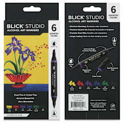Blick Studio Double-Ended Alcohol Art Markers - Assorted Colors, Set of 6, front and back of packaging