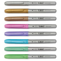 Bic Intensity Permanent Markers - Metallic Colors, Fine Tip, Set of 8, laid out with caps on