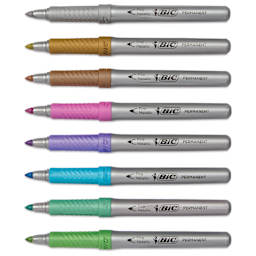 Bic Intensity Permanent Markers - Metallic Colors, Fine Tip, Set of 8, laid out with caps off