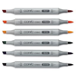 Copic Ciao Double Ended Marker Set - Primary Colors, Set of 6 (set contents with caps off)