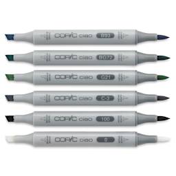 Copic Ciao Double Ended Marker Set - Sea Colors, Set of 6 (set contents with caps off)