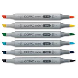 Copic Ciao Double Ended Marker Set - Bright Colors, Set of 6 (set contents with caps off)