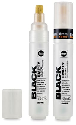 Montana Black Empty Markers - 2 Empty 8mm Round tip markers, one with cap removed