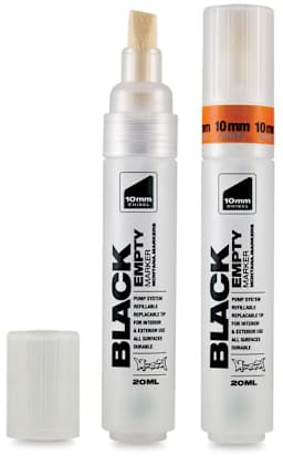 Montana Black Empty Markers - 2 Empty 10 mm Chisel tip markers, one with cap removed