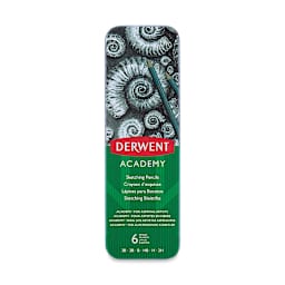 Derwent Academy Sketching Pencil Set - Front of Tin Package for 6 Pc Set 