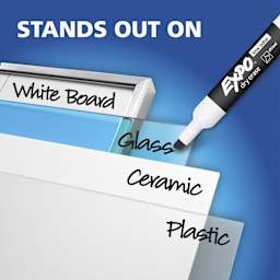 Stands out on white board, glass, ceramic, and plastic.