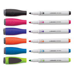 U Brands Magnetic Dry Erase Markers - 6 Assorted Color Markers uncapped with Eraser Caps adjacent