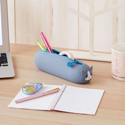 PuniLabo Lying Down Zipper Pouch - Gray Cat (on desk with stationary supplies, not included)