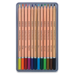 Derwent Academy Watercolor Pencils - Open package of set of 12 showing pencils in storage tray