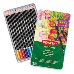 Derwent Academy Colored Pencil Set - Set of 12 pencils in tray with tin cover slightly removed