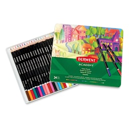 Derwent Academy Colored Pencil Set - Set of 24 pencils in tray with tin cover slightly removed