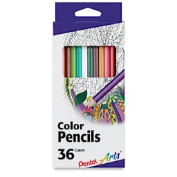 Pentel Arts Color Pencil Sets - Front of package of 36 pencils showing some colors thru window