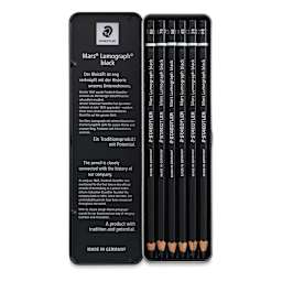 Staedtler Mars Lumograph Black Drawing Pencils - Set of 6 case open, showing pencils in storage