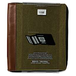 Speedball Sketchbook Travel Case - Olive Brown, Large, back of the packaging sleeve