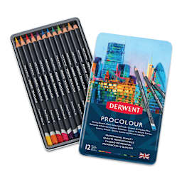 Derwent ProColour Colored Pencils - Set of 12, shown in opened tin container