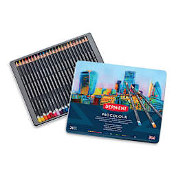 Derwent ProColour Colored Pencils - Set of 24, shown in opened tin container