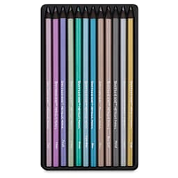 Spectrum Noir Metallic Colored Pencil Set - 12 Metallic pencils shown in open storage tin