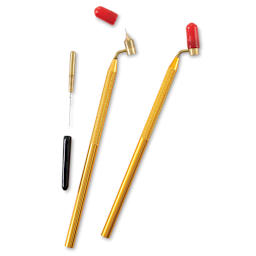 Kingart Painting Pens - 2 Pen Set shown upright with 1 cap removed and ink well adjacent
