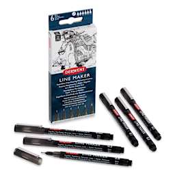 Derwent Line Makers - Components of Black Set of 6 shown next to package, 1 with cap off