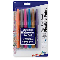Pentel Arts Brush Tip Sign Pen - Front of package of Set of 6 Fashion Colors