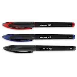 Uni-Ball Air Rollerball Pens - Red, Blue and Black pens shown capped horizontally
