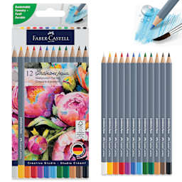Faber Castell Goldfaber Aqua Watercolor Pencils - Set of 12, Assorted Colors, packaging with set contents