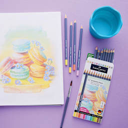 Faber Castell Goldfaber Aqua Watercolor Pencils - Set of 12, Pastel Colors, pencils next to artwork, water, and a brush