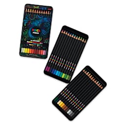 Posca Colored Pencils - Set of 36, Assorted Colors, contents and front of tin