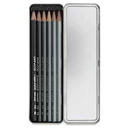 Caran d'Ache Grafwood Pencils and Sets - top view of 6 pc Set shown in opened Storage Tin