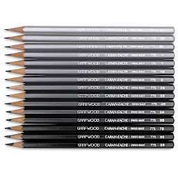 Caran d'Ache Grafwood Pencils - All 15 Pencil grades shown stacked horizontally from light to dark