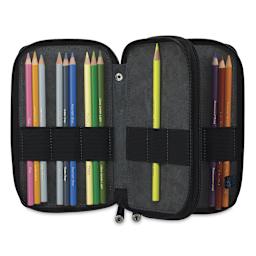 Speedball Canvas Pencil Case - Denim, for 48 Pencils, showing color pencils inside (not included)