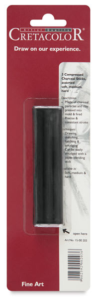Compressed Charcoal - Front of blister package of 3 Charcoal sticks