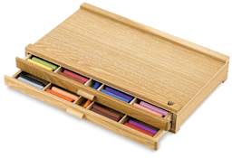 Wood Pastel Cabinet - Angled view of cabinet with 2 Drawers opened slightly showing pastels