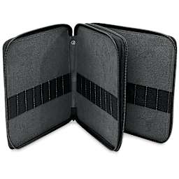 Speedball Classic Leather Pencil Case - Smooth Black, for 96 Pencils, opened