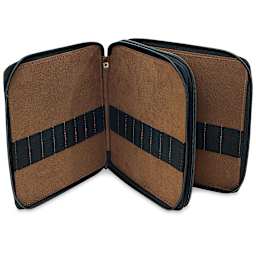 Speedball Classic Leather Pencil Case - Saddle Brown, for 96 Pencils, opened