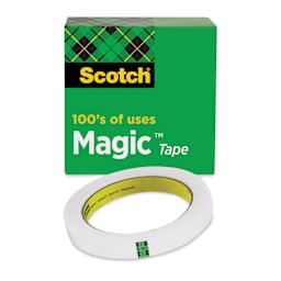 Scotch Magic Transparent Tape Roll - 1/2" x 72 yards, 3" Core, roll shown in front of packaging