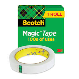 Scotch Magic Transparent Tape Roll - 3/4" x 72 yards, 3" Core, roll shown in front of packaging